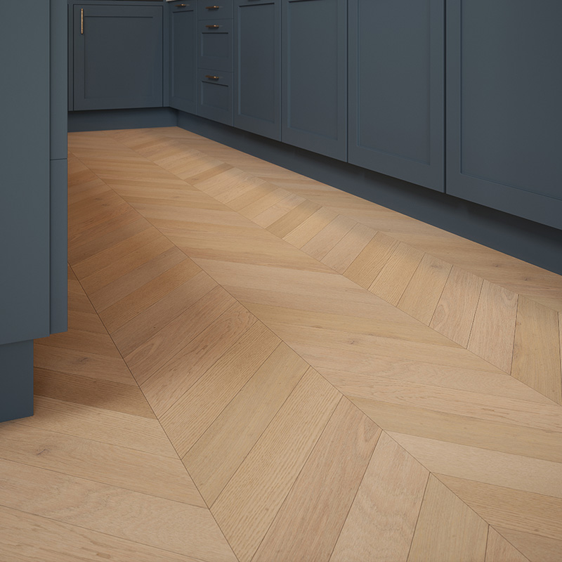 Laminate flooring in a kitchen with blue cabinets
